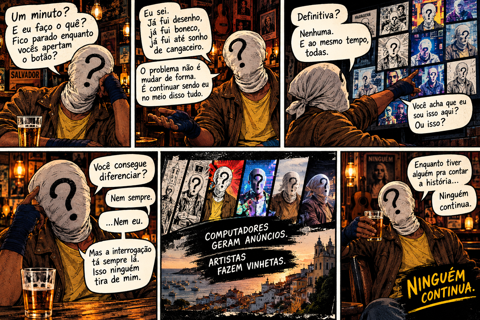 Storyboard em formato de página de quadrinhos: Ninguém, com o rosto coberto e uma interrogação, conversa num bar de Salvador e observa diferentes versões de si mesmo