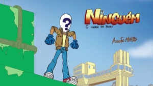 Arte de referência de Ninguém: personagem de máscara com ponto de interrogação, em cenário ilustrado de Salvador, com o logotipo do herói